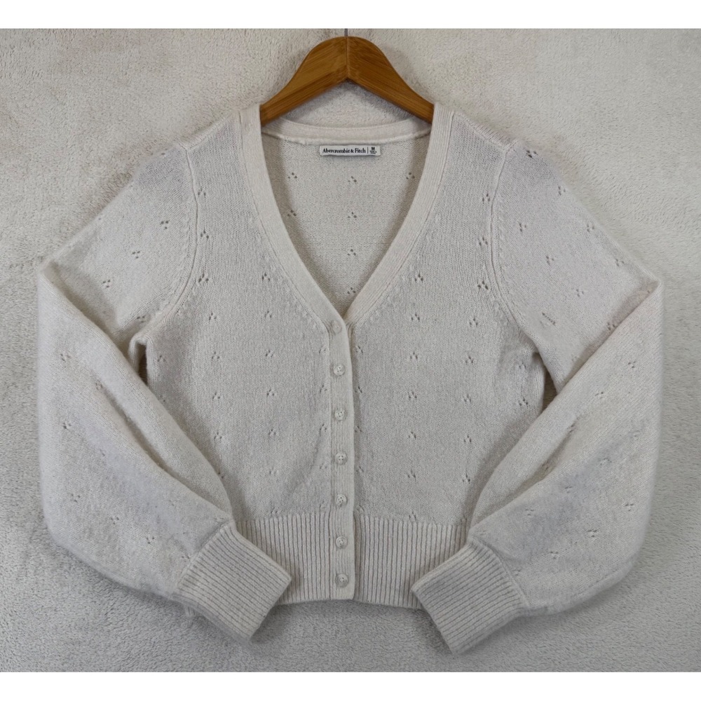 Abercrombie & Fitch Pointelle Knit Cardigan Sweater‎ Cream White V-Neck Womens M